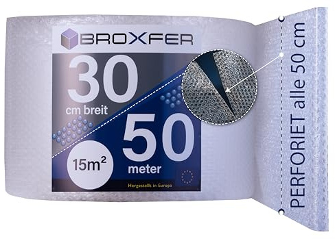 Broxfer Luftpolsterfolie Rolle 30cm x 50m Polsterfolie für Umzug/Versand 2-schichtig Verpackungsfolie LPF perforiert
