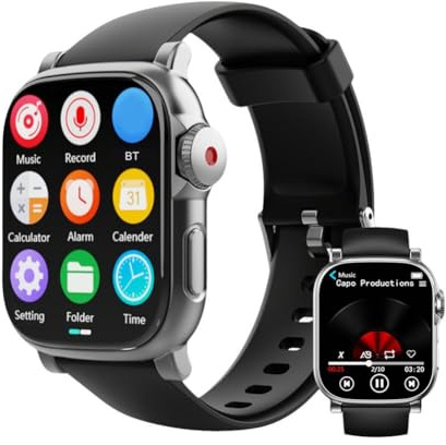 Getdoublerich Montre intelligente de sport Bluetooth MP3 sans fil 5,1 cm avec écran tactile HD, lecteur de musique et lecture vidéo (noir gris, 16 Go)