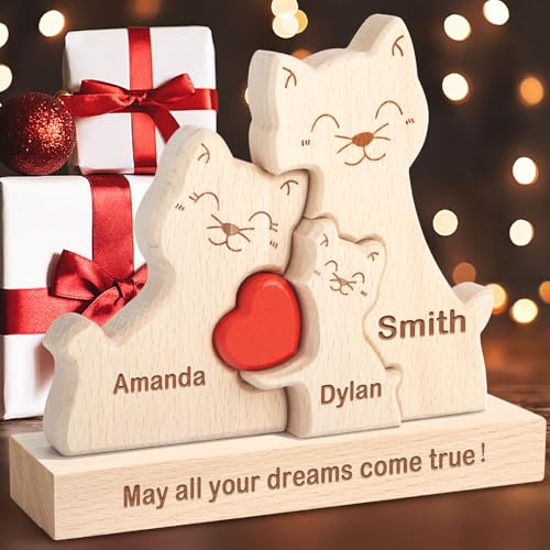 Personalisiertes Holzkunstpuzzle der Katze Familie mit 1-8 Namen, Benutzerdefinierter Holz Katze Familie Tier Skulptur Jigsaw Ornament Geschenk für Weihnachts Jubiläum Muttervatertag Vatertag