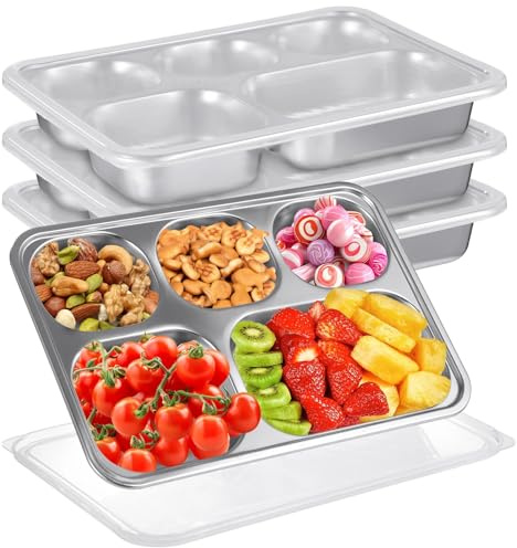 SWEWARM 4 Pcs Stainless Steel Snack Containers, 5-Compartment Metal Bento Boxes with Lids, Deep Stackable Divided Lunch Trays for School Home Office Travel