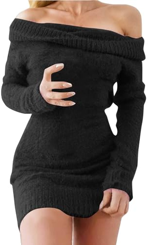 Off-shoulder, bodycon pullover dress for women with long sleeves, knitted dress for winter holiday, turtleneck dress for women, black, M