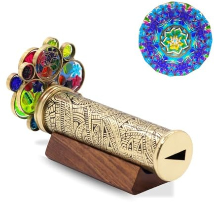 YVCrafts Caleidoscopio tribale fatto a mano in ottone con design inciso, 2 ruote di perline in resina, finitura laccata, supporto in legno e confezione regalo, un regalo unico da collezione per adulti