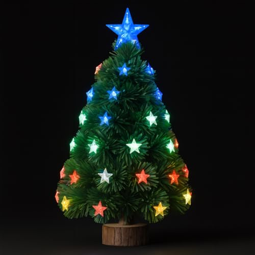 BAKAJI Albero di Natale Verde Luminoso con Stelle e Puntale, Alberello 60 cm con Led Multicolore e Base a Tronco, Decorazione Natalizia Luminosa, Addobbo Versatile Natalizio