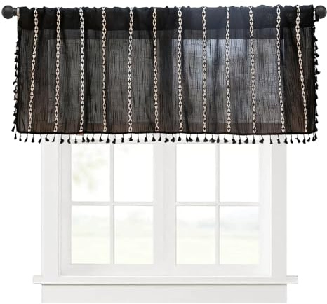 HonorHut Boho Panel Curtain with Tassel Woven Macramé Embroidery Kitchen Curtain Bistro Curtains, Black 132 cm×61 cm