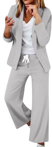 Smart casual kläder för kvinnor, blazer-set för kvinnor – enfärgad Business Co Ord set komfort långärmad kavajer elastisk midja byxor kontor arbete vardaglig outfit klassisk festbyxor kostym, Grå, S