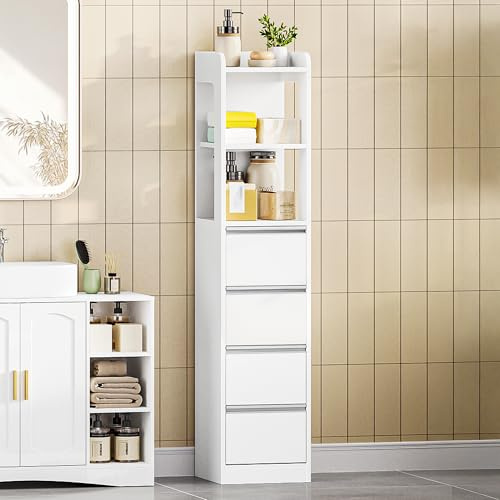 HEXCELEN 140 cm Badezimmerschrank mit 4 Schubladen und 2 Offenen Regalen | Badezimmermöbel, 30 x 30 x 140 cm, für Badezimmer, Wohnzimmer, Küchen, Modern, Weiß