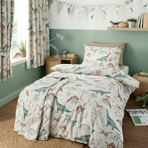 Happy Linen Company flickor pojkar barn Scandi Saurus dinosaurie elfenben småbarn barnsäng vändbar mjuk lättskött sängkläder påslakan täcke sängkläder set med örngott