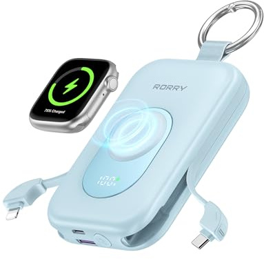 RORRY Powerbank, Power Bank 20000 mAh, 30 W PD, ricarica rapida, caricatore portatile con 2 cavi integrati, batteria esterna per cellulare con portachiavi, essenziale da viaggio per iPhone, Apple