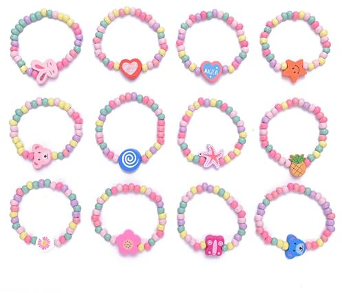 KSJEHW 12 Pulseras Niña, Pulseras Infantiles de Madera y Plástico con Dibujos Animados, Pulsera Niña de Colores para Regalos Cumpleaños Niños, Detalles Fiesta Infantil y Pulseras Amistad, Ø 4,5cm