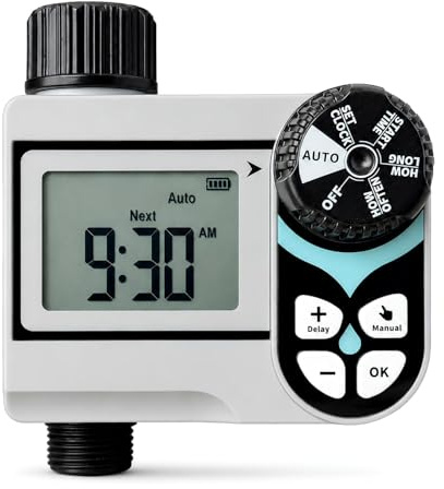 domyno Timer Irrigazione Bassa Pressione 0 bar da Giardino, Programmatore Acqua Automatico con Display LCD, Ritardo Pioggia 24/48/72H, Modalità Manuale, Ideale per Serbatoi e Orto