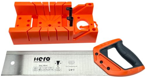HERO Gehrungssäge Set 350 mm mit Gehrungslade, Feinsäge 12 TPI, Präzisionsschnitte 22,5° 45° 90°, für Holz, MDF, Leisten und Modellbau