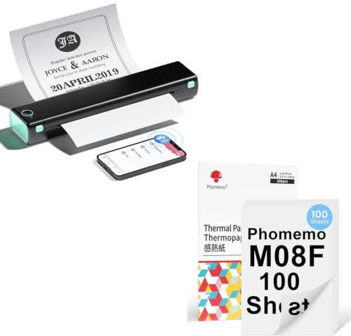 Phomemo M08F Tragbarer Drucker Schwarz Grün mit 110 Blatt Doppelseitigem A4 Thermopapier, kabelloser Bluetooth-Mobildrucker für Reisen, Auto, Büro & Zuhause, Tintenloser Druck