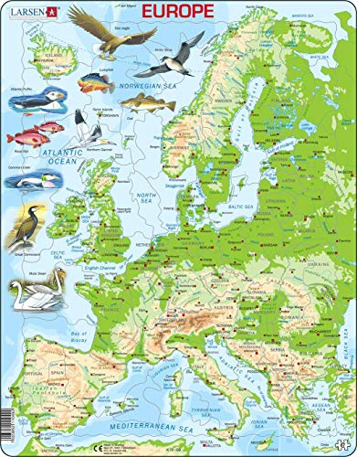 Larsen Puzzle K70 Europa Physische Karte, Ages 8–99, Geografie Lernspiel Englisch, 87 Teile: Länder & Hauptstädte entdecken, Höhenmeter, Figurenstücke – Rahmenpuzzle ohne Box für ältere Kinder