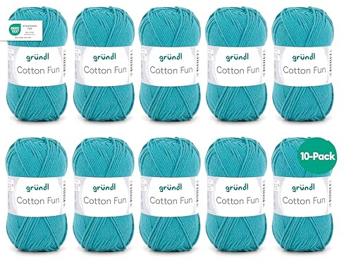 Gründl Wolle Cotton Fun Häkelgarn 10 Knäuel 50 g, Türkisblau | Wolle zum Häkeln - Strickgarn - Häkelgarn - Pflegeleicht und hautfreundlich - 100 % Baumwolle - 50 g / 115 m - Nadelstärke 3