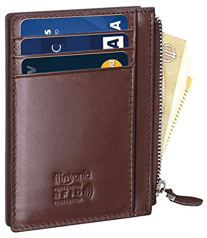 flintronic® Cartera Tarjeta de Crédito, Slim Billetera Hombre de Piel Auténtica, Mini Monedero con Cremallera para ID, Tarjetas Crédito, Licencia de Conducir (Chocolate)