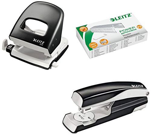 Leitz 5008 NeXXt Series Bürolocher, Metall, bis zu 30 Blatt/Kombi-Set mit Heftgerät + 1000 Klammern extra (schwarz)