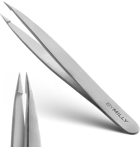 By MILLY Pointed Tweezers - High Carbon Stainless Steel, Point-Tip Precision Tweezers for Ingrown Hair, Eyebrows, Facial Hair, Splinters and Glass Removal - Perfectly Aligned, Hand-Filed - Silver