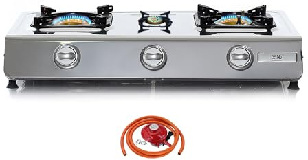 NJ NGB-300 Portable Gas Stove 3 Burner 70cm Durable Cooktop Camping Outdoor 8kW LPG Regulator Set (Propane 37mbar Clip-on 27mm)