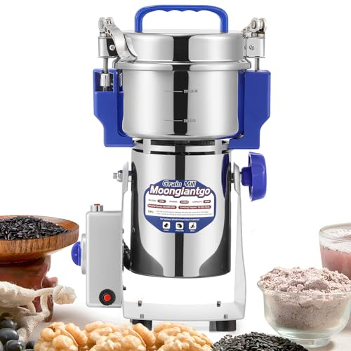 Moongiantgo Multifunktionale Getreidemühle Elektrisch 800g aus Edelstahl | Kommerzieller Motor mit 2500W 36000 U/min, 50–300 Mesh, mit Überlastschutz&Open-Cover-Stop für Kräuter/Gewürze/Getreide