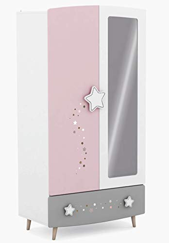 habeig Kinderzimmer Kleiderschrank mit Spiegel, 187x95x52 cm, Sternenmotiv, Verstellbare Böden (Rosa/Weiss/Grau #441)