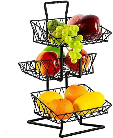mossFlos Fruit Basket Stand, 3 Tier Countertop Fruit Storage Basket, Fruit Vegetable Organizer Racks for Kitchen - TwoSide/Black