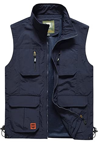 Gnveub Herren-Angelweste, Outdoor, Arbeit, schnelltrocknend, Jagd, Reißverschluss, wendbar, Reiseweste, Jacke mit mehreren Taschen, Marineblau, M