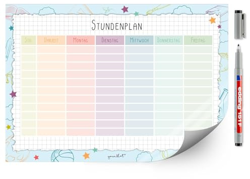 younikat Stundenplan abwischbar selbstklebend Bunt - DIN A4 - dv1055 | Wiederbeschreibbar, Digitaldruck, Whiteboard-Oberfläche, selbstklebende Rückseite, zum Schulanfang, Einschulung, inkl. Stift