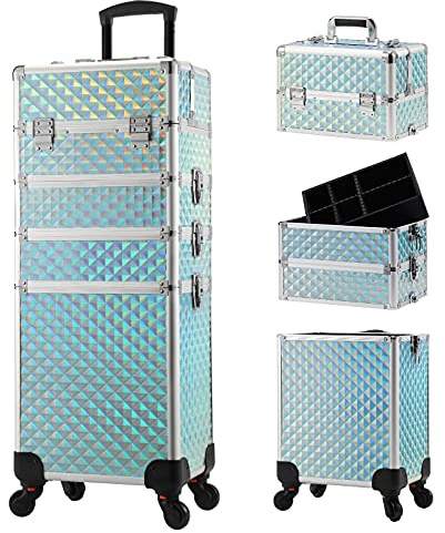 Joligrace 4-in-1 Tall Vanity Case Rolling Box Makeup Box Hairdressing Trolley on Wheels Beauty Trolley on Wheels Professional Makeup Organiser Storage Nail Technician case with Locks (Mint Green)