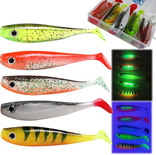 Messeneuheit 2021 Gummifische Set mit Knicklicht / Lockmittel /Rassel Kanal 12cm | Gummifisch Köder mit 3d Augen & realistischen Dekor | Raubfisch Angel Köder in Köderbox für Zander Hecht Barsch