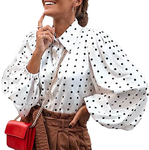 Onsoyours Camicia Donna Elegante Chiffon Blusa a Pois Bavero Maniche a Sbuffo Camicetta da Ufficio Casual Maglietta Top a Manica Lunga Bianco S