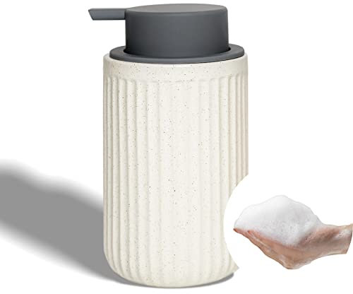 ABBI NIMO Dispenser di schiuma per sapone manuale in ceramica beige, dispenser di schiuma increspata maculata increspata, dispenser di schiuma di sapone da 350 ml con pompa grigia, dispenser di sapone