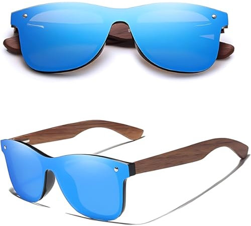 KINGSEVEN Lunettes de Soleil en Bois pour Homme Et Femme I Lunettes de Soleil Polarisées Mixtes avec Monture En Bois De Noyer I Protection Uv400 I Verres Miroir À La Mode Sans Cadre I 5504 Bleu