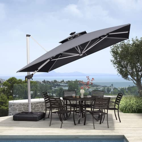 PURPLE LEAF Ombrellone da Giardino 3.3x3.3 m con LED, Palo in Alluminio con Manovella girevole a 360°, doppio tetto inclinabile UV 50+, per Piscina esterna Giardino Terrazzato, grigio