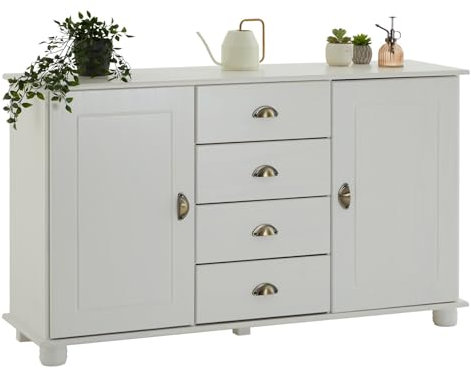 IDIMEX Sideboard Anrichte, Flur Kommode Sideboard im Landhausstil mit 4 Schubkasten und 2 Türen, Kiefer massiv, weiß lackiert