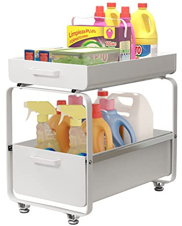 Todeco Étagère de Rangement Sous évier, Organisateur de Cuisine à 2 Niveaux Rangement Sous évier, Coulissant Organiseur pour Cuisine Armoire Salle de Bain, Acier au carbone (Blanc)