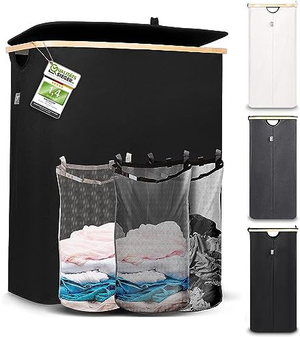 Hennez Wäschebox 150L - Wäschekorb 3 Fächer - mit Deckel - Wäschesortierer mit Wäschesack - Laundry Baskets - schwarz Bambus - Wäschetonne - Wäsche Sortiersystem - Wäschesammler