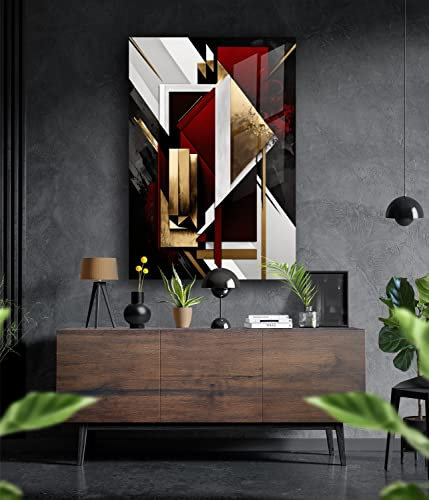 Tableau mural de qualité supérieure en verre acrylique ou composite en aluminium - Pas de tableau mural en lin - Motif abstrait moderne - Blanc et doré - Décoration murale design (rouge foncé, verre