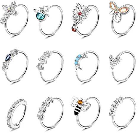 Dochais 12 Piezas Anillos de Nariz Acero Inoxidable, Hoop Nose Rings, Piercing Septum Clicker, Septum Clicker Aro Anillos, Mariposas Abejas Luna Anillos Nariz para Mujeres Hombres Plata 8mm 20G