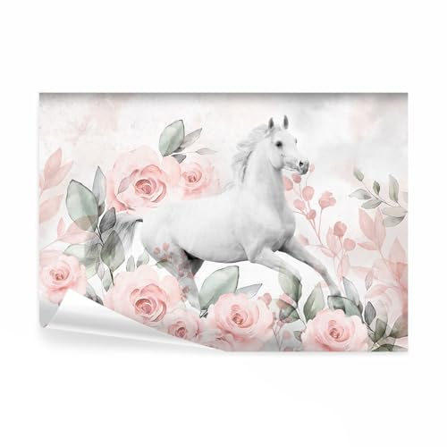 decomonkey Premium Fototapete Pferd 250x175 cm Design Tapete XXL Fototapeten Vlies Tapeten Vliestapete Wandtapete moderne Wand Schlafzimmer Wohnzimmer Kinderzimmer Rosen Rosa Blumen Beton Optik Tiere