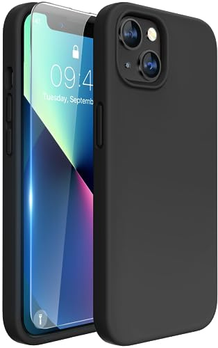 Miracase Designed for iPhone 13 Case with Screen Protector, [Soft Anti-Scratch Microfiber Lining], Shockproof Liquid Silicone Rubber Phone Case Cover for 13 6.1 inch(Black)