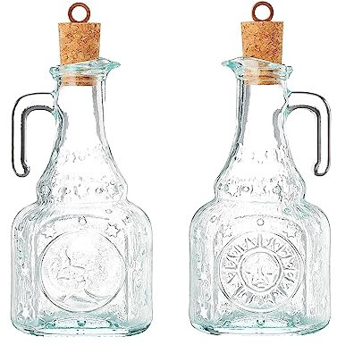Bormioli Rocco Country Home Helios Oil Bottle Set of 2, 8 Oz. Refillable Glass Dispensers with Pour Spouts for Olive Oil, Vinegar & Condiments - Italian Glass Kitchen Storage Containers