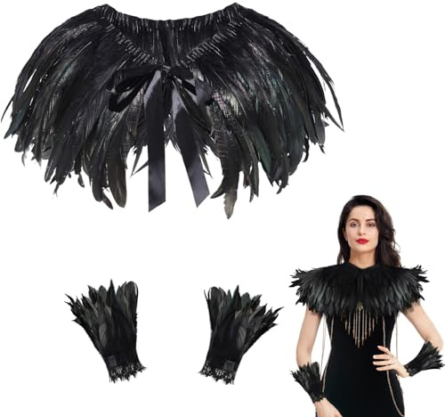Orgoue Schwarzer Federumhang, Feder Achselzucken Schal Federkragen Schwarzer Kostüm Damen Mit Feder-Manschetten Schwarzer Maleficent Kostüm Damen Gothic Federrock Pfau Kostüm Für Karneval
