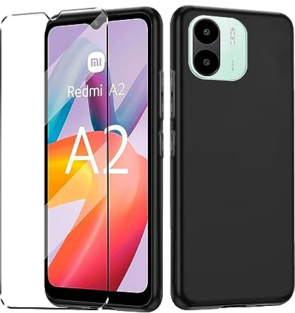 [2 in 1] Hülle Kompatibel mit Redmi A2 Hülle mit 1 Packung Panzerglas Schutzfolie für Redmi A2, Slim Fit Soft TPU Stoßfest Anti-Kratzer Handyhülle Cover - Schwarz