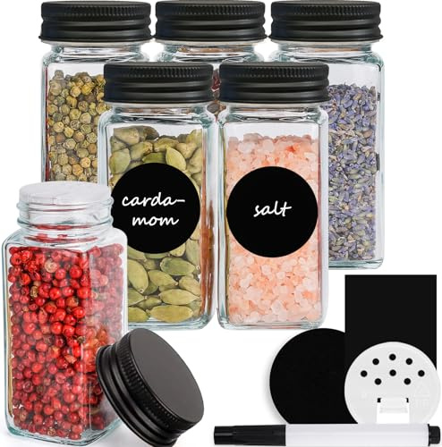 Happy Lemuro Gewürzgläser Eckig 120ml [6er Set] Gewürzgläser mit Streueinsatz, matte Metalldeckel, Labels in Schwarz | Gewürzbehälter Set, Gewürzaufbewahrung, Gewürz Organizer