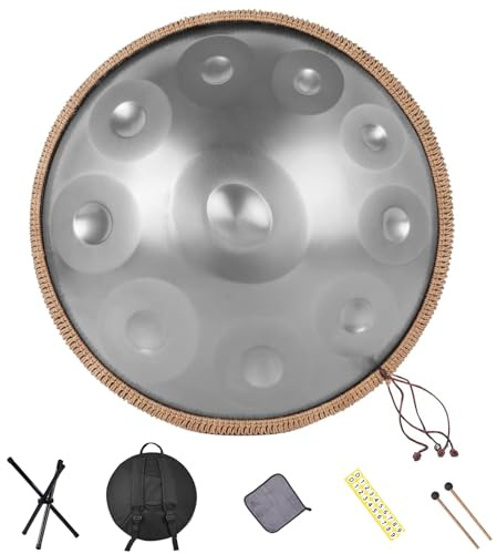 Handpan Drum 22 Inches 10 Notes 440HZ in D Minor Steel Hand Drum with Soft Handpan Bag, Harmonic Percussion for Sound Healing, Handpan Instrument for Personal Meditation,Yoga(Silver)