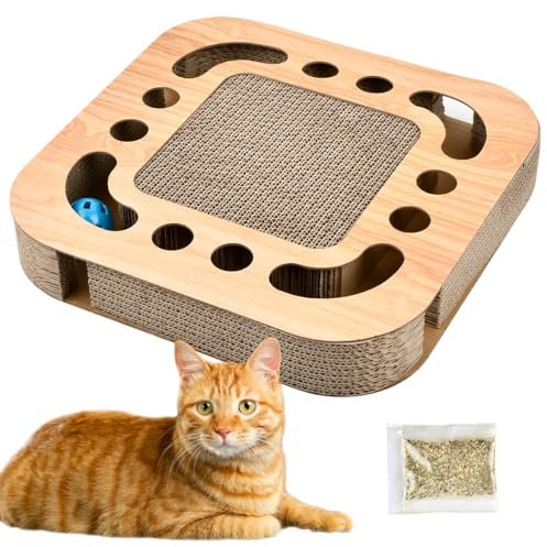 Katzenminze Kratzbrett mit Glockenbällen - 3 in 1 Kratzunterlage Bett Spielzeug für Indoor Katzen