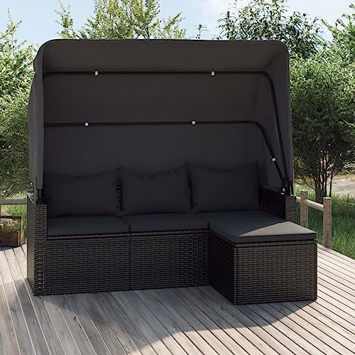 YUHI-HQYD 3-Sitzer-Gartensofa,Entspannungssofa,Lounge-Sofa,Schlafsofas,Rezeption Sofa,Sessel,Heimdekoration,Gartenstuhl,für Büro,Wohnzimmer,Arbeitszimmer, mit Dach und Fußhocker Schwarz Poly Rattan