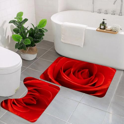 EYLOZS Badezimmerteppich Set 2 Teilig Waschbar rutschfeste Badematte Toilettenmatte Weich Saugfähige Badteppiche,rote Rose isoliert auf weißem Hgrund