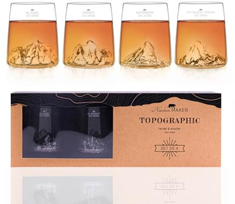 Alaskan MAKER Coffret de 4 shooters 6.5 cl - Borosilicate de qualité supérieure, soufflés artisanalement avec montagnes en relief | TOPOGRAPHIC (Everest, Mont Blanc, Pic du Midi & Matterhorn)