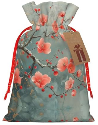 HJLUUFT Geschenktüte mit rotem Pflaumenblüten-Druck, mit Kordelzug und Geschenkanhänger, Jutebeutel, Hochzeit, Weihnachten, Partyzubehör